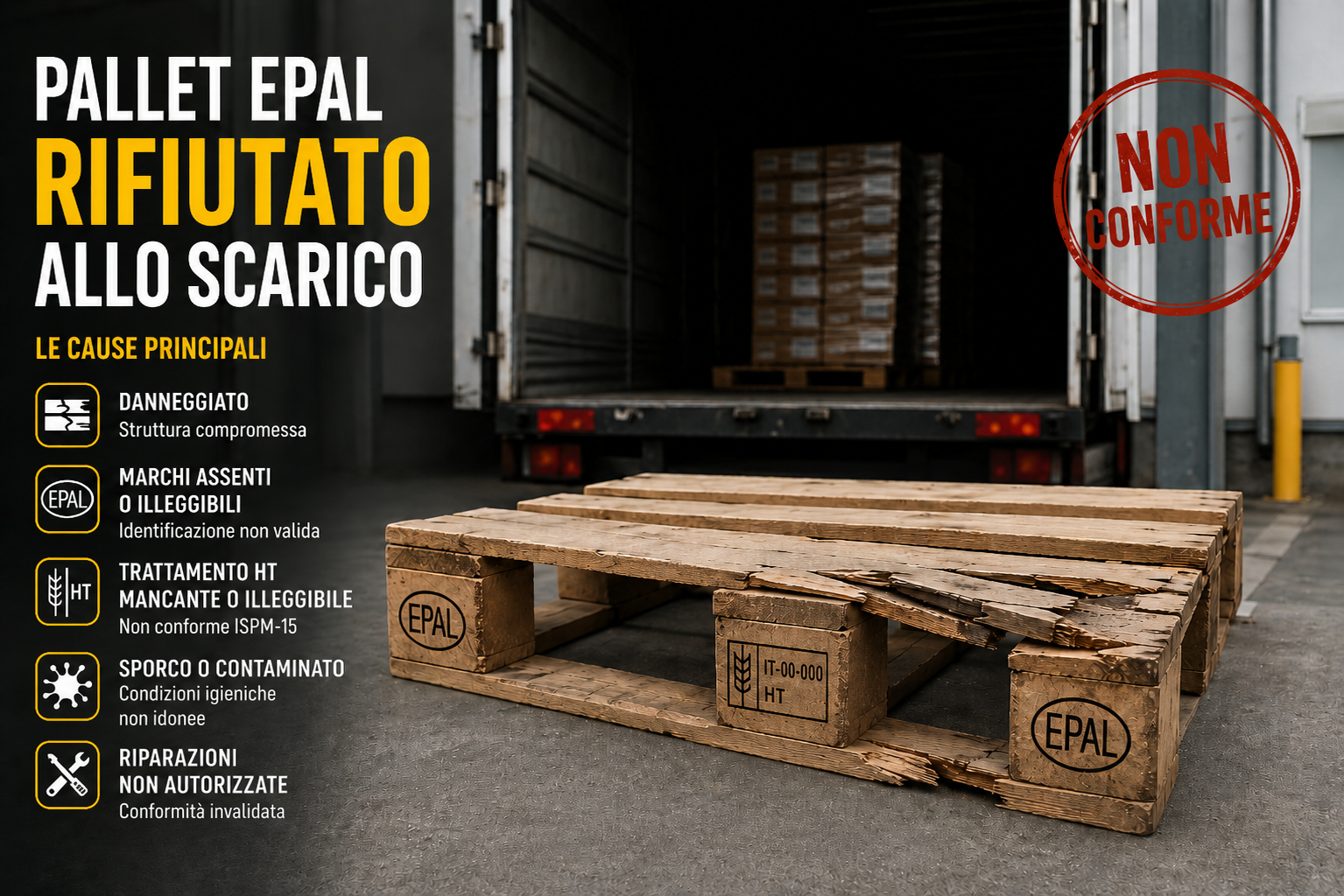 Cartellone informativo: pallets EPAL rifiutati all'uscita dello scarico, con etichette e sigilli NON CONFORME e cause principali elencate a sinistra.
